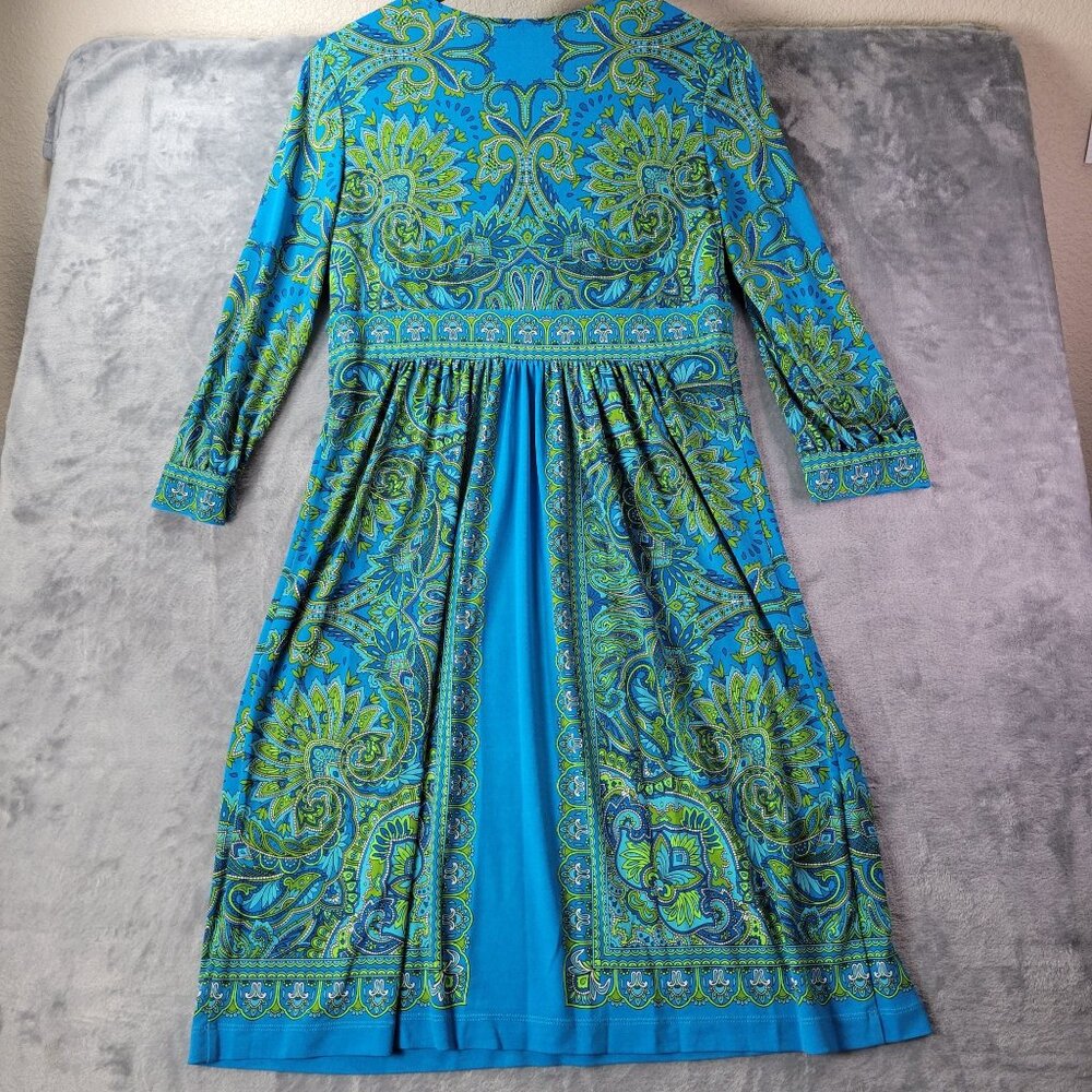 London Times Womens 10 Blue Green Paisley Babydoll Y2K Boho Retro Midi Dress - Picture 8 of 10